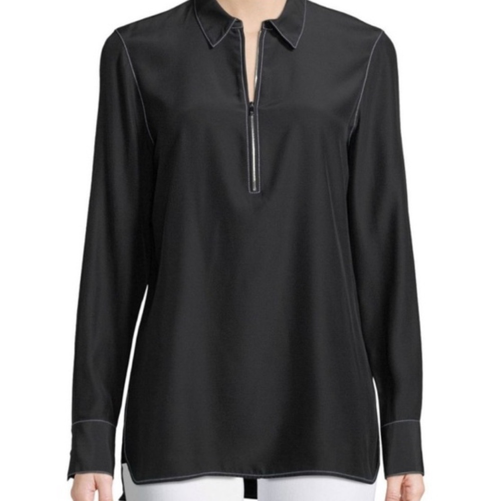 Lafayette 148 New York Black Zip-Front Silk Blouse